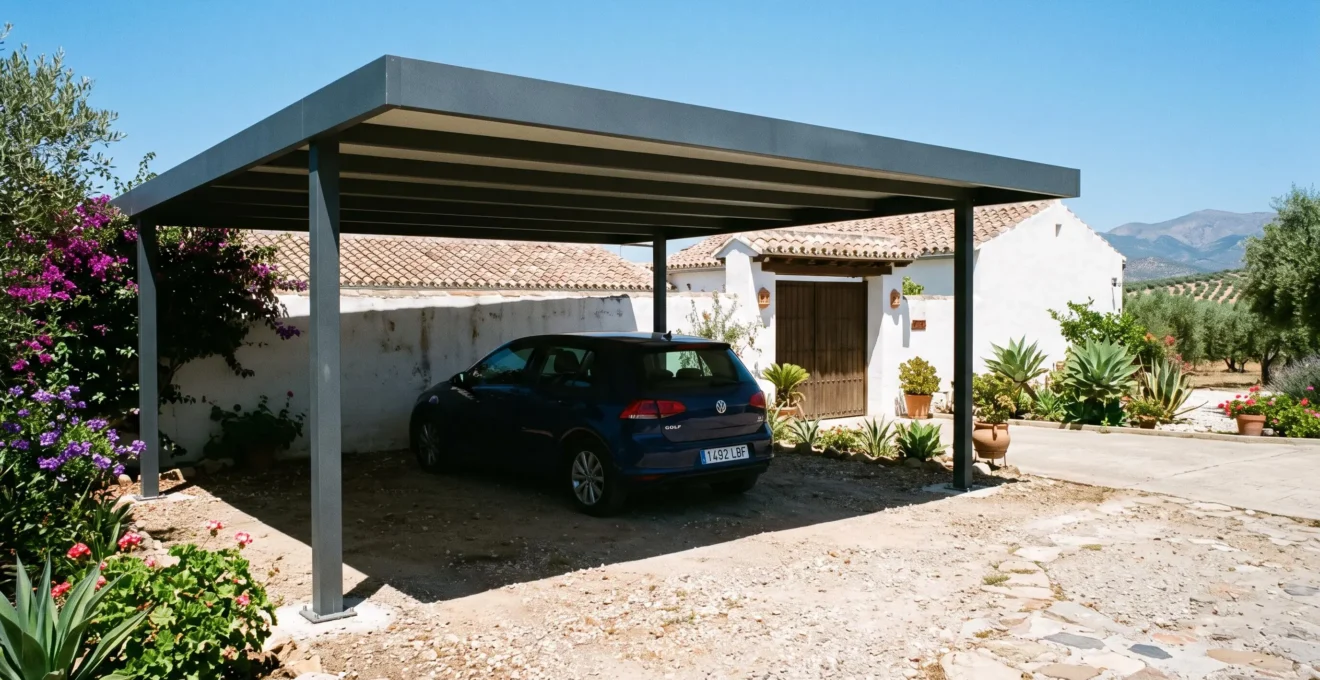 Aluminum carport protecting a vehicle from Spanish weather conditions with visible climate protection