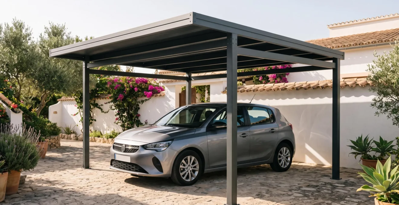 Modern aluminum carport structure protecting a vehicle in a Spanish residential property