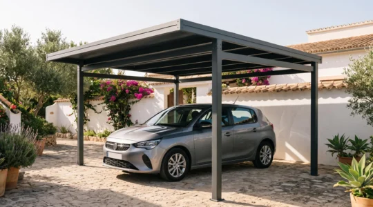 Modern aluminum carport structure protecting a vehicle in a Spanish residential property