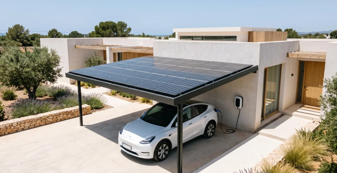 Aluminum carport with integrated solar panels protecting an electric vehicle in a modern Spanish home