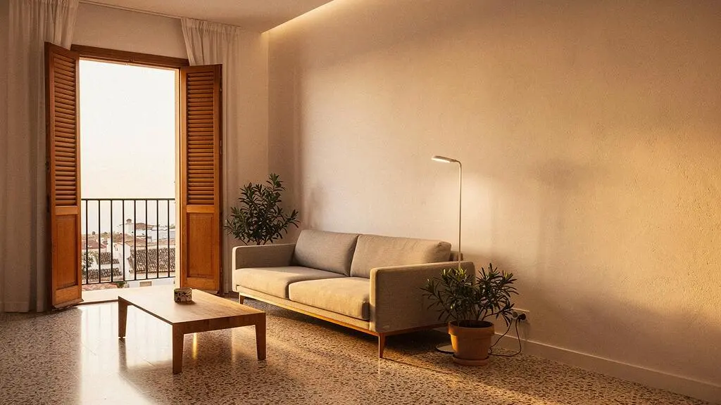 Salon moderno de un hogar espanol al atardecer con iluminacion calida y regulable creando un ambiente acogedor
