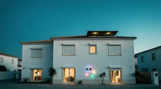 Vivienda española moderna al atardecer con luces cálidas y elementos de domótica que simbolizan el control eficiente del consumo energético