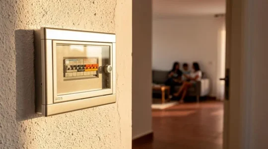 Cuadro eléctrico moderno e iluminado en el pasillo de una vivienda española contemporánea, símbolo de seguridad eléctrica renovada