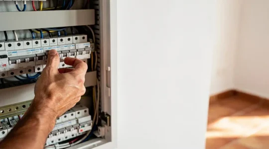 Cuadro eléctrico moderno de una vivienda española con varios interruptores magnetotérmicos organizados por circuito