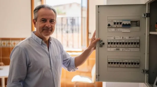 Cuadro eléctrico moderno e interruptores diferenciales en una vivienda española reformada, símbolo de una instalación legal y segura