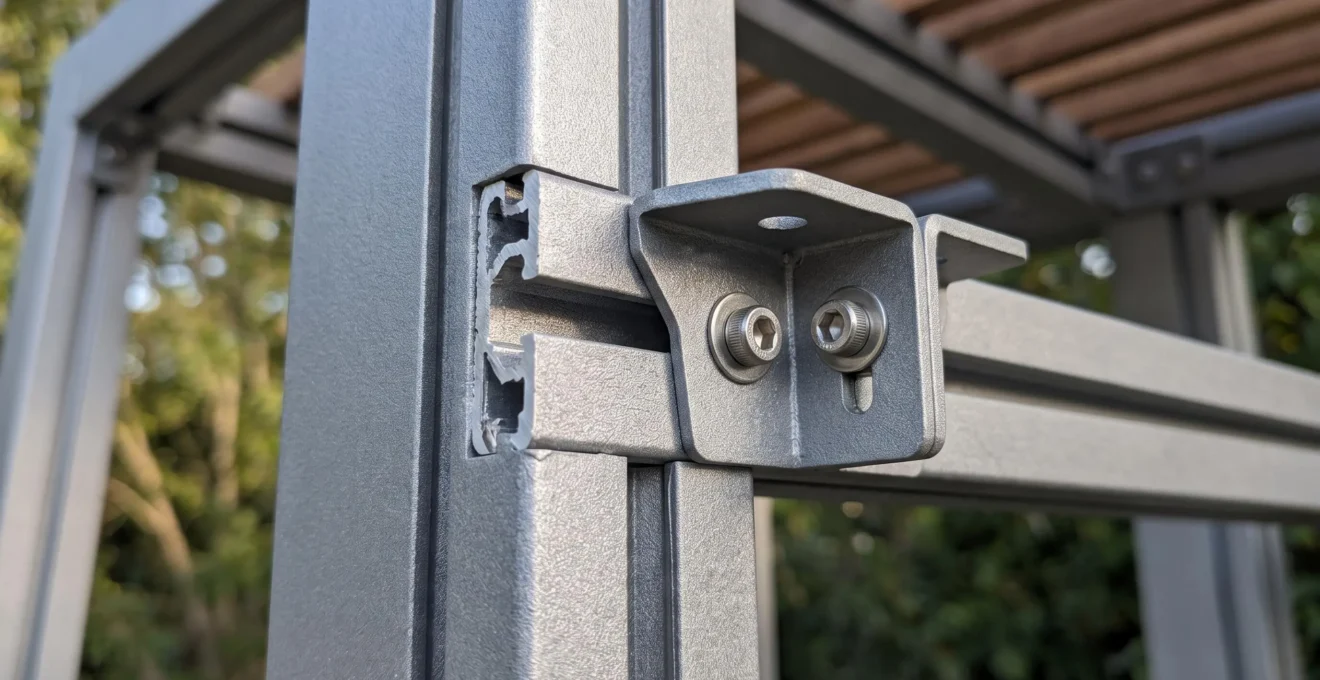Primer plano extremo de la unión estructural de aluminio extruido de una pérgola, mostrando la textura del lacado en polvo y las fijaciones metálicas con nitidez