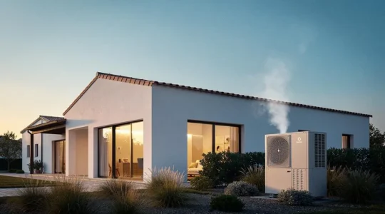Vivienda moderna española con unidad de aerotermia integrada en el exterior, simbolizando el cumplimiento simultáneo de RITE y DB-HE