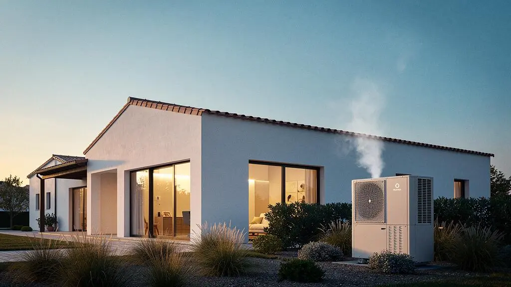 Vivienda moderna española con unidad de aerotermia integrada en el exterior, simbolizando el cumplimiento simultáneo de RITE y DB-HE