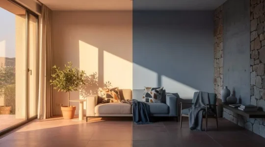 Salon de una vivienda espanola dividido entre una zona calida iluminada por el sol y una zona fria en sombra, representando la sensacion termica dispar en una misma casa