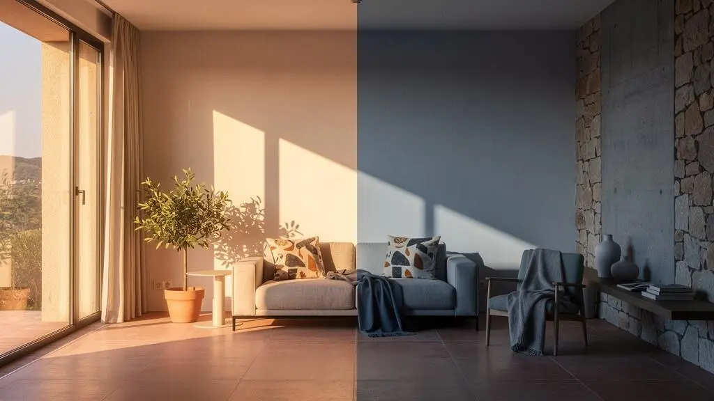 Salon de una vivienda espanola dividido entre una zona calida iluminada por el sol y una zona fria en sombra, representando la sensacion termica dispar en una misma casa