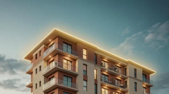 Vivienda española moderna envuelta en una luz protectora que simboliza el aislamiento térmico exigido por el CTE DB-HE