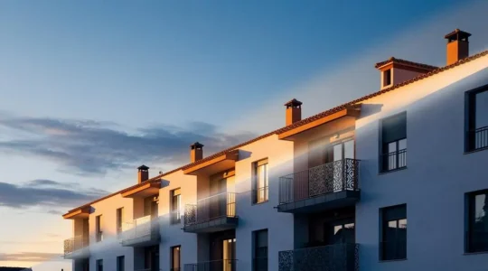 Fachada de una vivienda española iluminada por luz cálida en un lado y luz fría en el otro, representando el concepto de escudo térmico