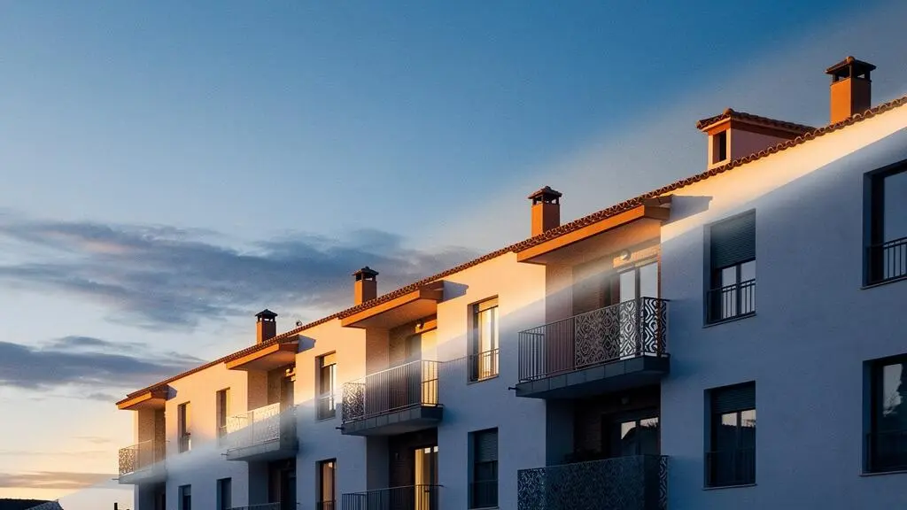 Fachada de una vivienda española iluminada por luz cálida en un lado y luz fría en el otro, representando el concepto de escudo térmico