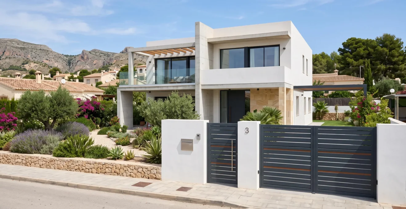Vista en ángulo amplio de una fachada moderna española con puerta batiente de aluminio en color antracita, integrada en un jardín mediterráneo limpio