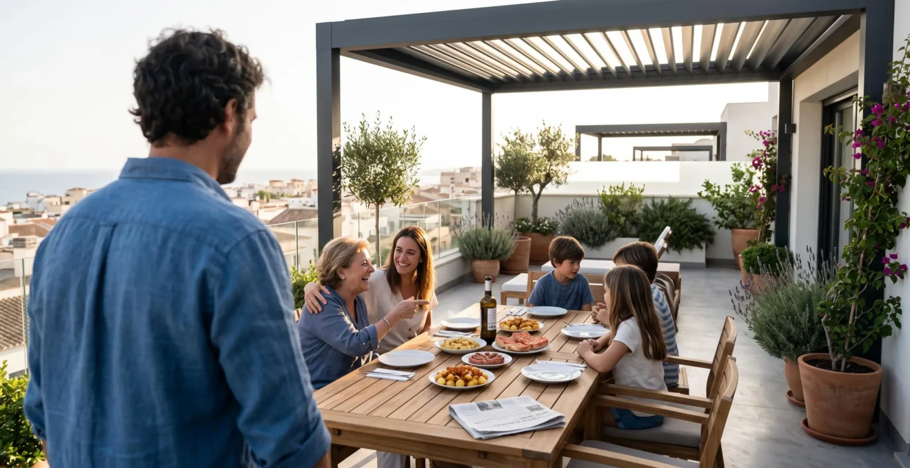 Una familia española compuesta por una pareja y un niño disfruta de una conversación relajada bajo una pérgola de aluminio moderna en su terraza al atardecer, con las lamas orientables parcialmente cerradas y vegetación mediterránea de fondo