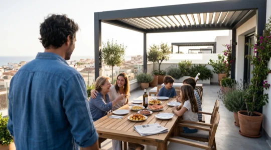 Una familia española compuesta por una pareja y un niño disfruta de una conversación relajada bajo una pérgola de aluminio moderna en su terraza al atardecer, con las lamas orientables parcialmente cerradas y vegetación mediterránea de fondo