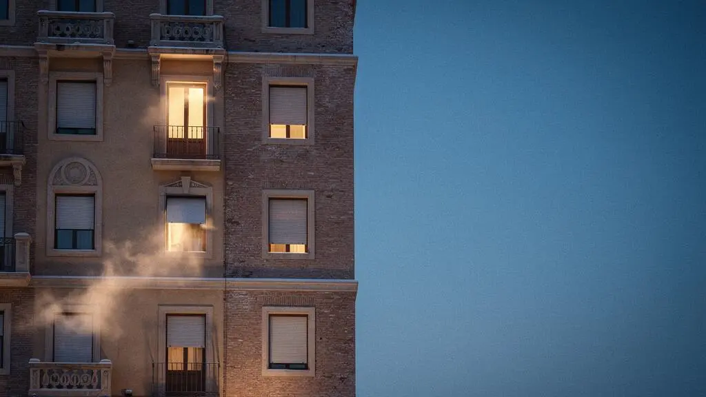 Vivienda española tradicional de noche con fugas de calor invisibles representadas mediante luz cálida escapando por rendijas de ventanas y persianas