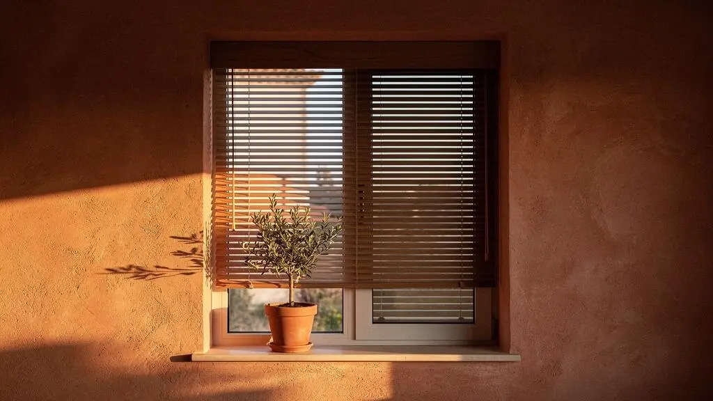 Fachada de una vivienda mediterránea española con una persiana de madera entreabierta filtrando la luz dorada del atardecer