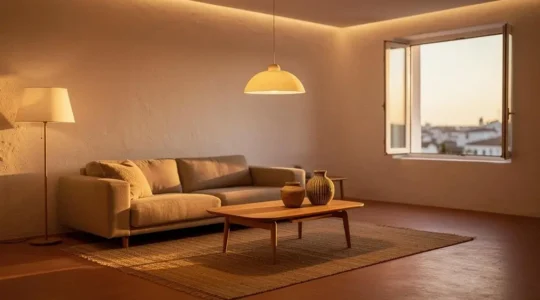 Salon de una vivienda española moderna con iluminación cálida y equilibrada al atardecer
