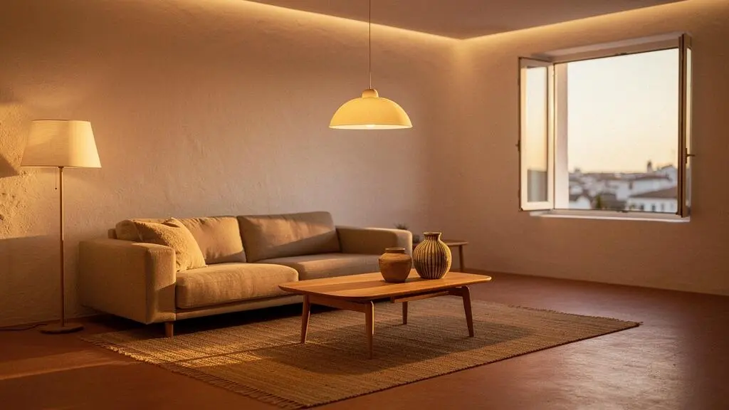 Salon de una vivienda española moderna con iluminación cálida y equilibrada al atardecer