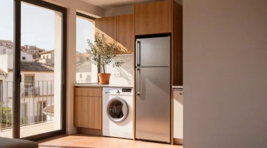 Cocina moderna y luminosa de un hogar español con electrodomésticos integrados que simbolizan la eficiencia energética