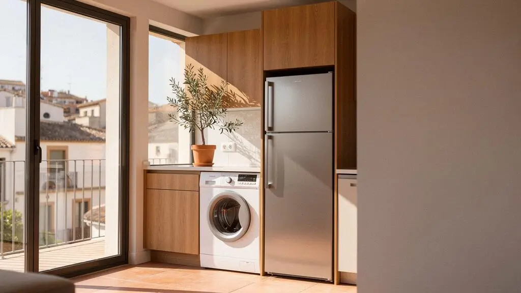 Cocina moderna y luminosa de un hogar español con electrodomésticos integrados que simbolizan la eficiencia energética