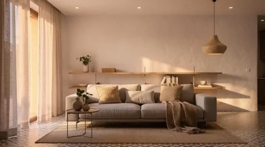 Salón de una vivienda española moderna iluminado con luminarias LED empotradas de alta calidad al atardecer