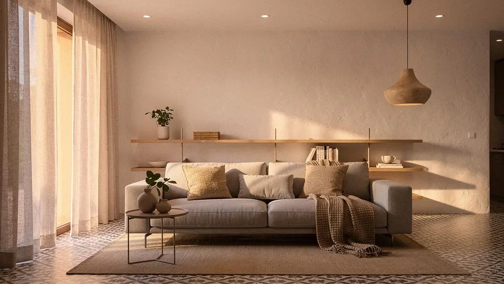 Salón de una vivienda española moderna iluminado con luminarias LED empotradas de alta calidad al atardecer
