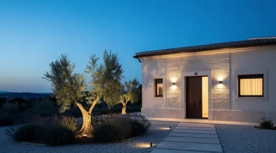 Fachada de una vivienda moderna española con jardín iluminado al atardecer, combinando luz cálida y proyectores discretos