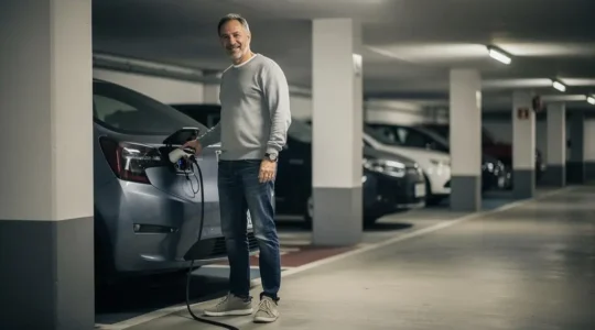 Propietario conectando el cargador de su coche eléctrico en la plaza de garaje de una vivienda española al atardecer