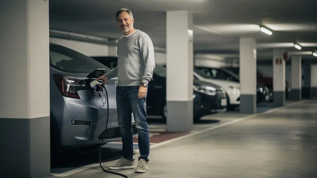 Propietario conectando el cargador de su coche eléctrico en la plaza de garaje de una vivienda española al atardecer