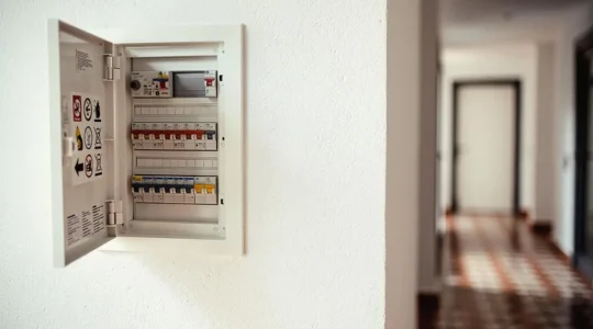 Cuadro electrico moderno con interruptores diferenciales en el pasillo de una vivienda espanola, simbolizando la seguridad electrica del hogar