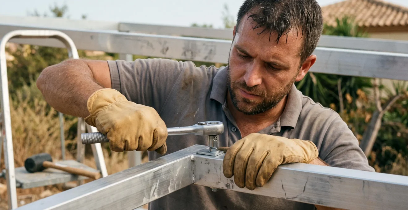 Worker installing aluminum structural components during carport construction
