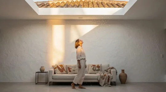 Lucernario moderno en una cubierta de teja árabe dejando entrar un haz de luz natural cálida hacia el interior de una vivienda española