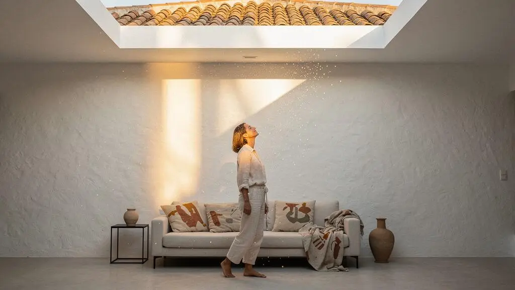 Lucernario moderno en una cubierta de teja árabe dejando entrar un haz de luz natural cálida hacia el interior de una vivienda española