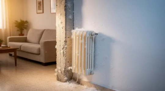 Contraste entre un radiador encendido y un pilar de hormigón cubierto de escarcha en un salón español