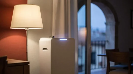 Salón de una vivienda española moderna al atardecer con una lámpara de pie cuya luz parpadea débilmente, simbolizando un problema eléctrico doméstico