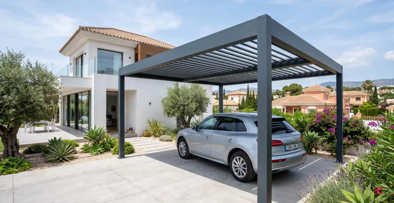 Pérgola de aluminio contemporánea instalada en el jardín de una vivienda unifamiliar española, con líneas limpias y estructura metálica visible bajo luz natural mediterránea