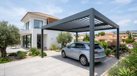 Pérgola de aluminio contemporánea instalada en el jardín de una vivienda unifamiliar española, con líneas limpias y estructura metálica visible bajo luz natural mediterránea