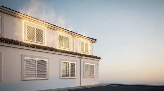 Vivienda española moderna con vista de fachada mostrando pérdidas de calor invisibles por techo, ventanas y muros