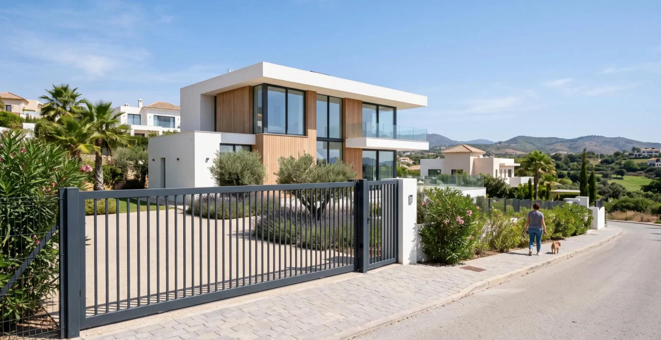Puerta corredera de aluminio instalada en el acceso de una vivienda unifamiliar española contemporánea bajo la luz del día