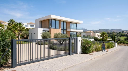 Puerta corredera de aluminio instalada en el acceso de una vivienda unifamiliar española contemporánea bajo la luz del día