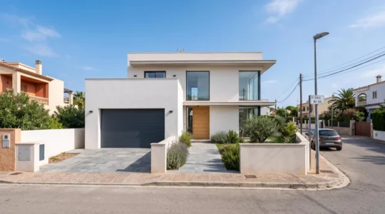 Puerta de garaje enrollable de aluminio gris antracita en fachada de vivienda unifamiliar contemporánea española bajo luz natural mediterránea