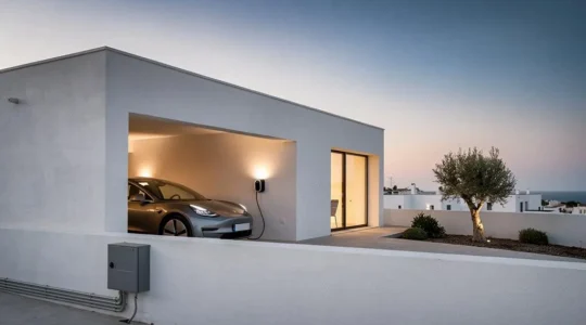Vivienda española moderna al atardecer con un coche eléctrico cargando en el garaje junto a un cuadro eléctrico renovado
