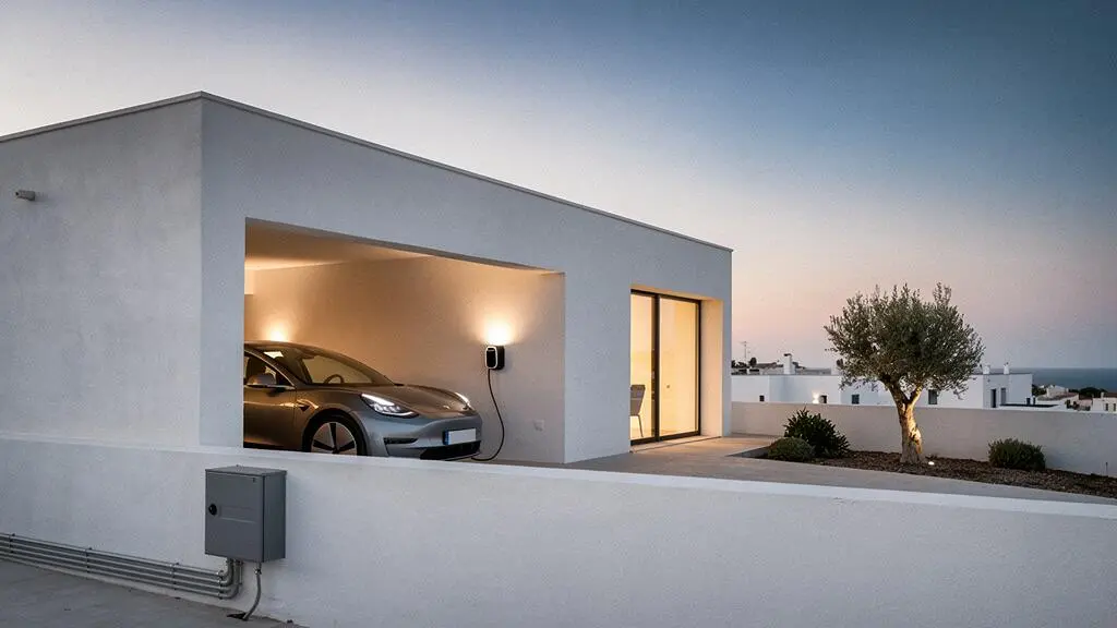 Vivienda española moderna al atardecer con un coche eléctrico cargando en el garaje junto a un cuadro eléctrico renovado