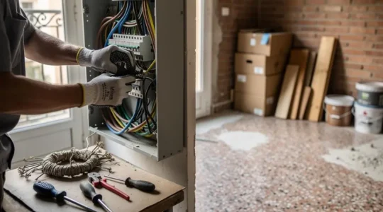 Electricista revisando el cuadro eléctrico de una vivienda antigua española durante una reforma integral