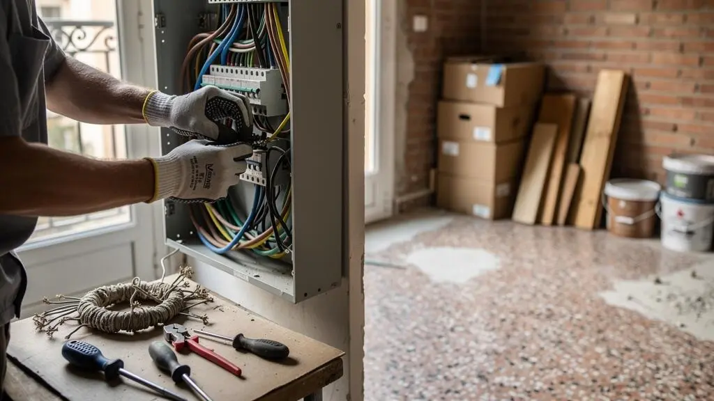 Electricista revisando el cuadro eléctrico de una vivienda antigua española durante una reforma integral