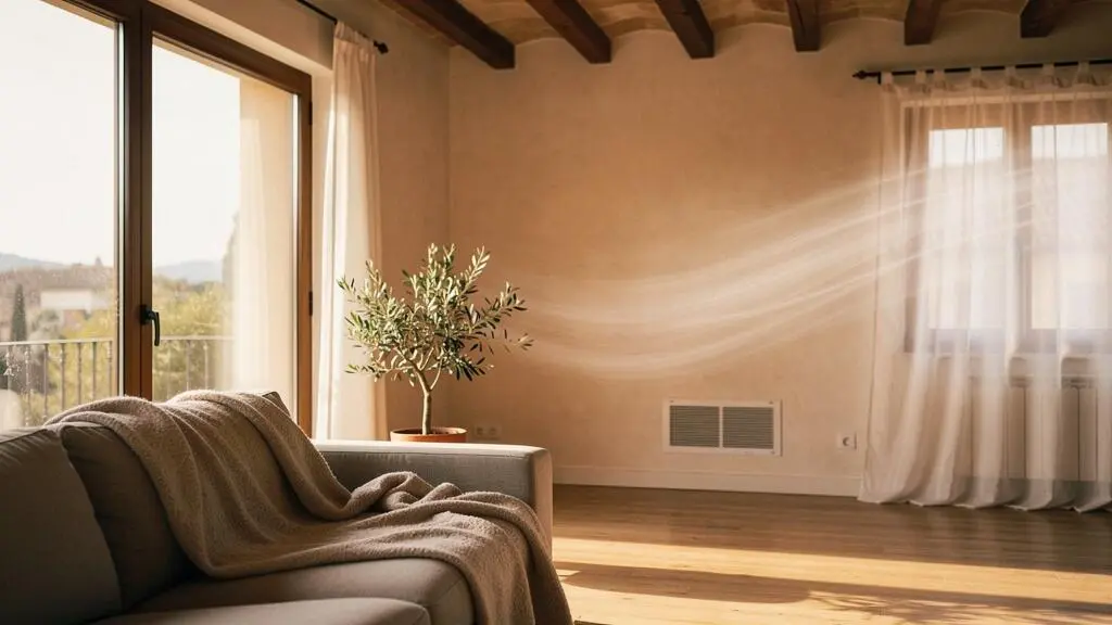 Salón moderno y luminoso de una vivienda española con una sutil corriente de aire fresco entrando de forma invisible mientras el calor se mantiene en el ambiente
