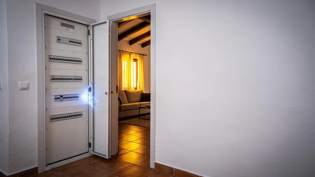 Cuadro eléctrico moderno en una vivienda española con luz cálida, simbolizando la seguridad eléctrica del hogar