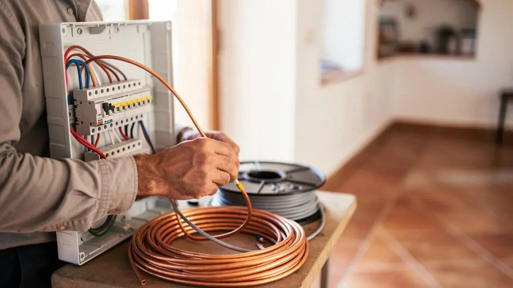 Electricista revisando el cuadro eléctrico de una vivienda española moderna con cables de distintas secciones